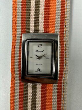 3/$30 Osirock Watch Women Silver Tone Orange Striped Wide Canvas Band